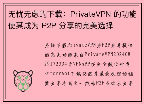 无忧无虑的下载：PrivateVPN 的功能使其成为 P2P 分享的完美选择